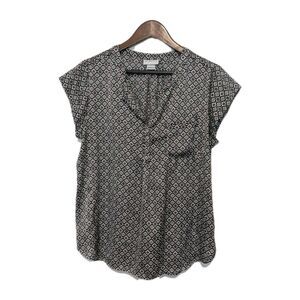 Satin Split Neck Liz Claiborne Blue White Red S/S Blouse Shell Top L